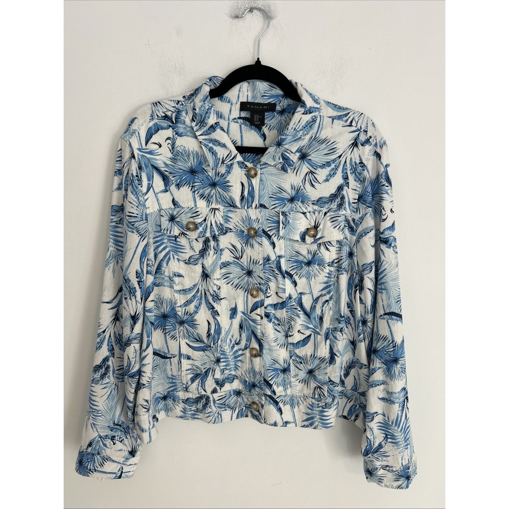 Tahari Womens Blue White Linen Tropical Palm Button Front Trucker Jacket XL
